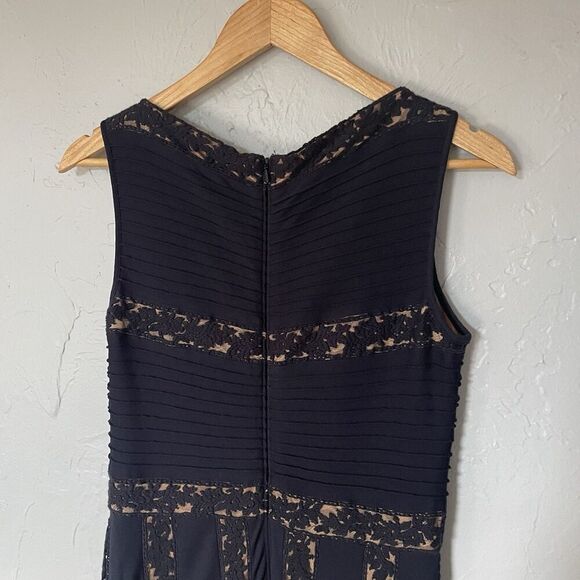 Tadashi Shoji Dress Women Small Blue Midi Navy Nude Pintuck Jersey Lace Tank - Picture 8 of 8